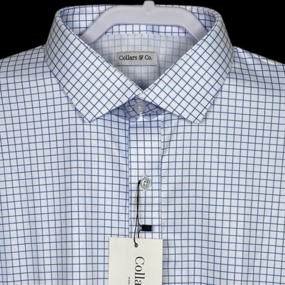 Collars & Co Polo Shirt Mens Large Blue Thin Check Grid Dress Collar Office NWT